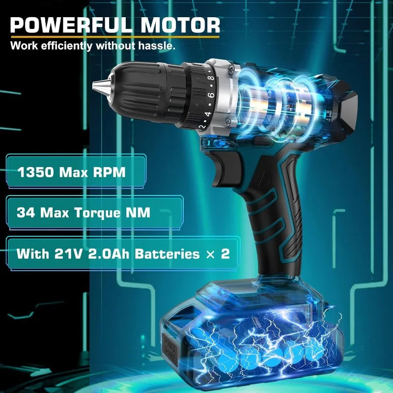 21V Cordless Drill Tool Kit 255 Pieces Home Repair Set
