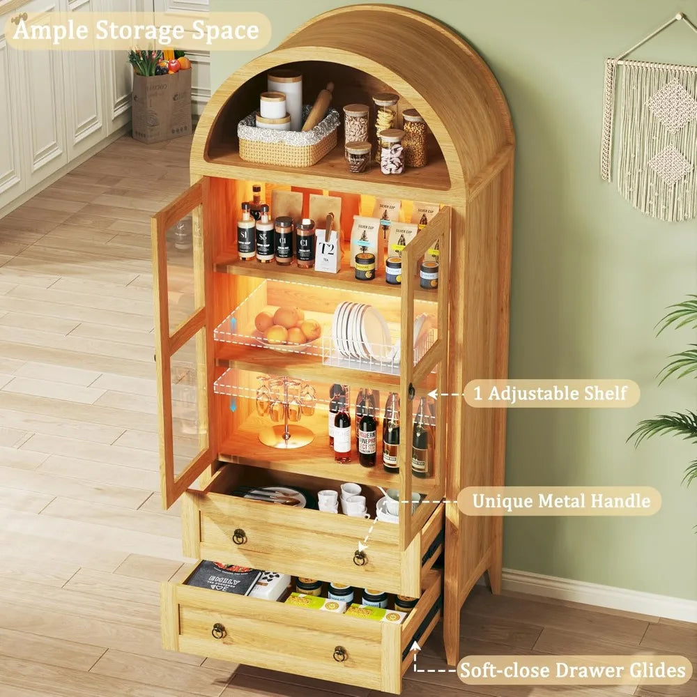 Arched Pantry Cabinet With LED Lights Two Drawers Adjustable Shelves
