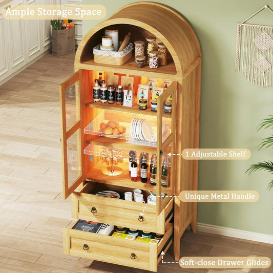 Arched Pantry Cabinet With LED Lights Two Drawers Adjustable Shelves